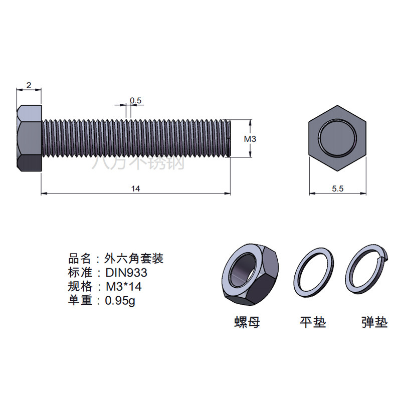 Tuerca de tornillo 304 acero inoxidable hexagonal conjunto de alta resistencia con almohadilla perno de tornillo antideslizante M3M4M5M6M12