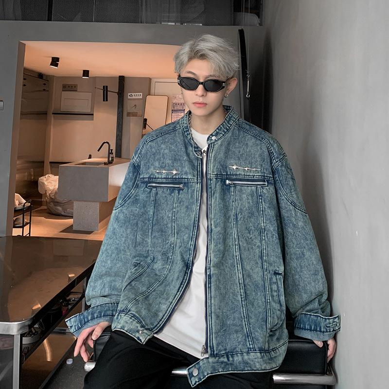 American-Style Denim Jacket for Men, Spring and Autumn, Washed and Distressed, Trendy Brand Casual Jacket, Korean Style Trendy Casual