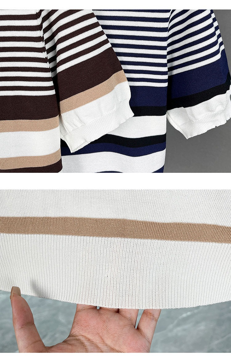 Herren Slim Fit Strickpullover Gestreift Business Kurzarm Shirt_voghion.com