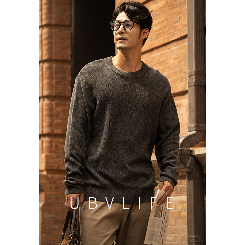 100% Cotton Old Money Style Waffle Knit Crew Neck Sweater for Men, 2025 Autumn and Winter, Textured and Structured Casual Knitwear