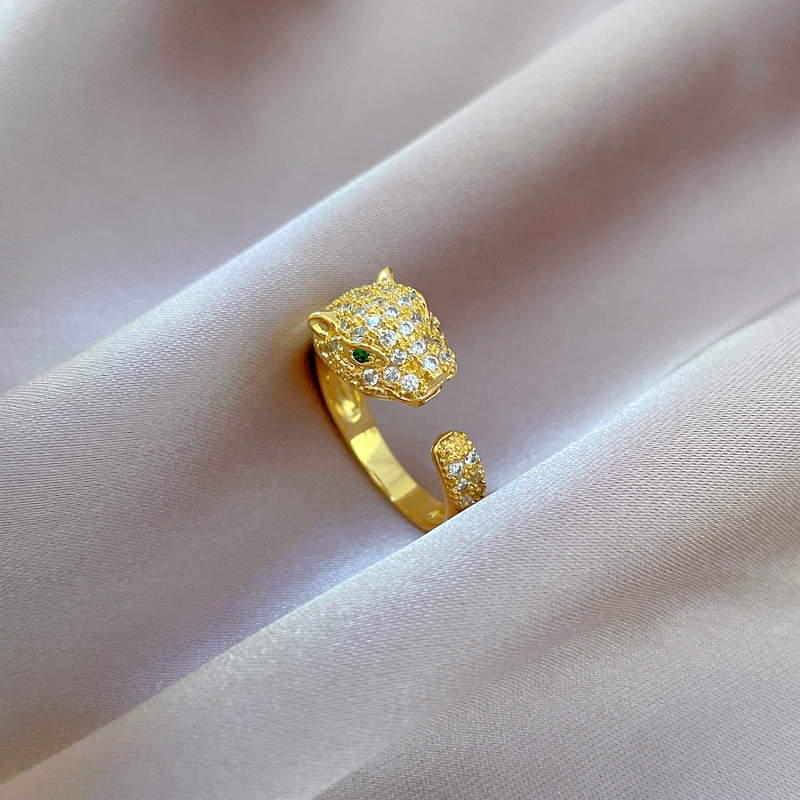 【Oro vero】 Testa di leopardo dell'industria pesante con diamante pieno R con coppia R con decorazione a mano semplice aperta regolabile_voghion.com