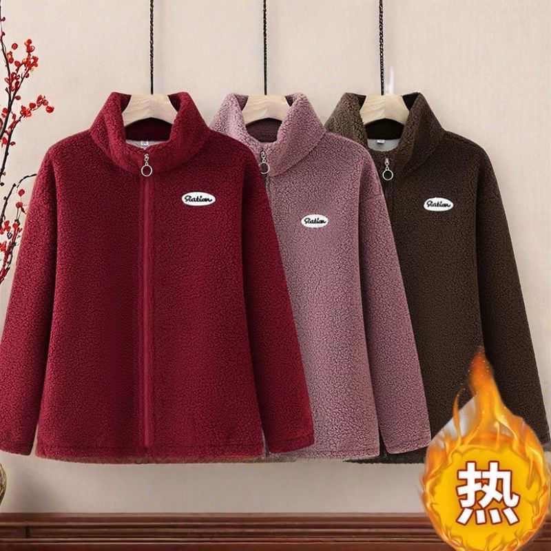 2025春新款中老年加绒新中式丝棉纯色羊羔绒大码棉衣女羊羔绒外套