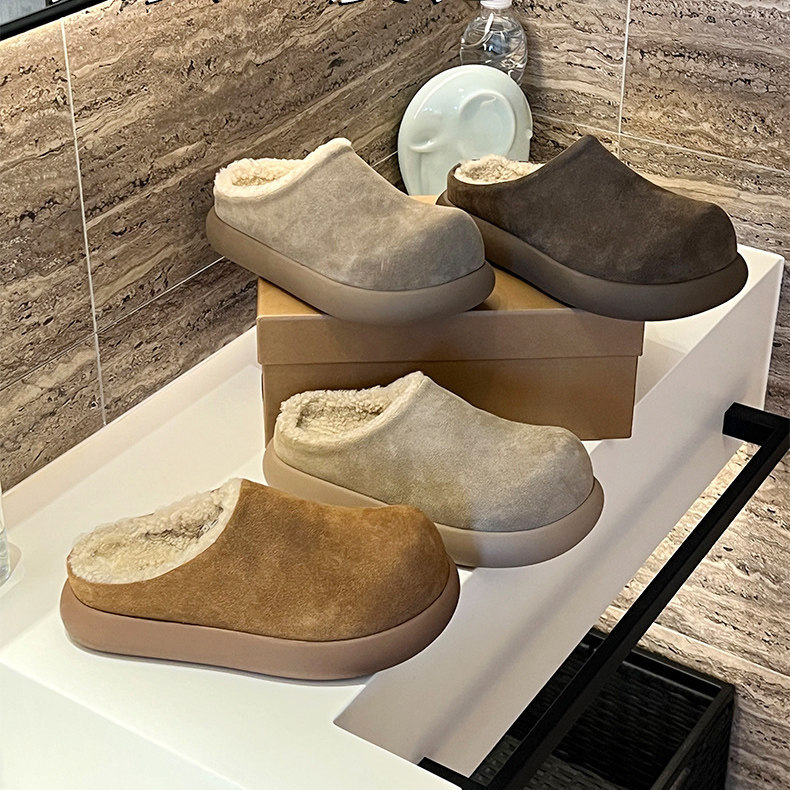 2026 Winter Thick-Soled Sheepskin Integrated Snow Boots, Small Potato Birkenstock Shoes, Women's Warm Furry Half-Mule Shoes