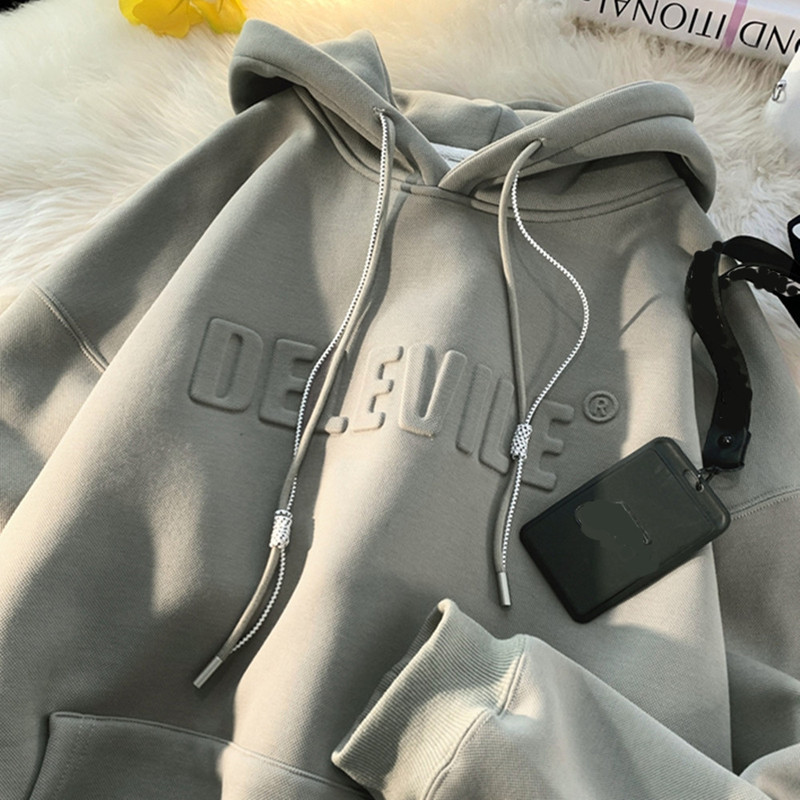 Charcoal Grey American Style Retro Thick Sweater Men's Hooded Fleece-Lined Thickened Winter Students Casual American Style Retro Heavy