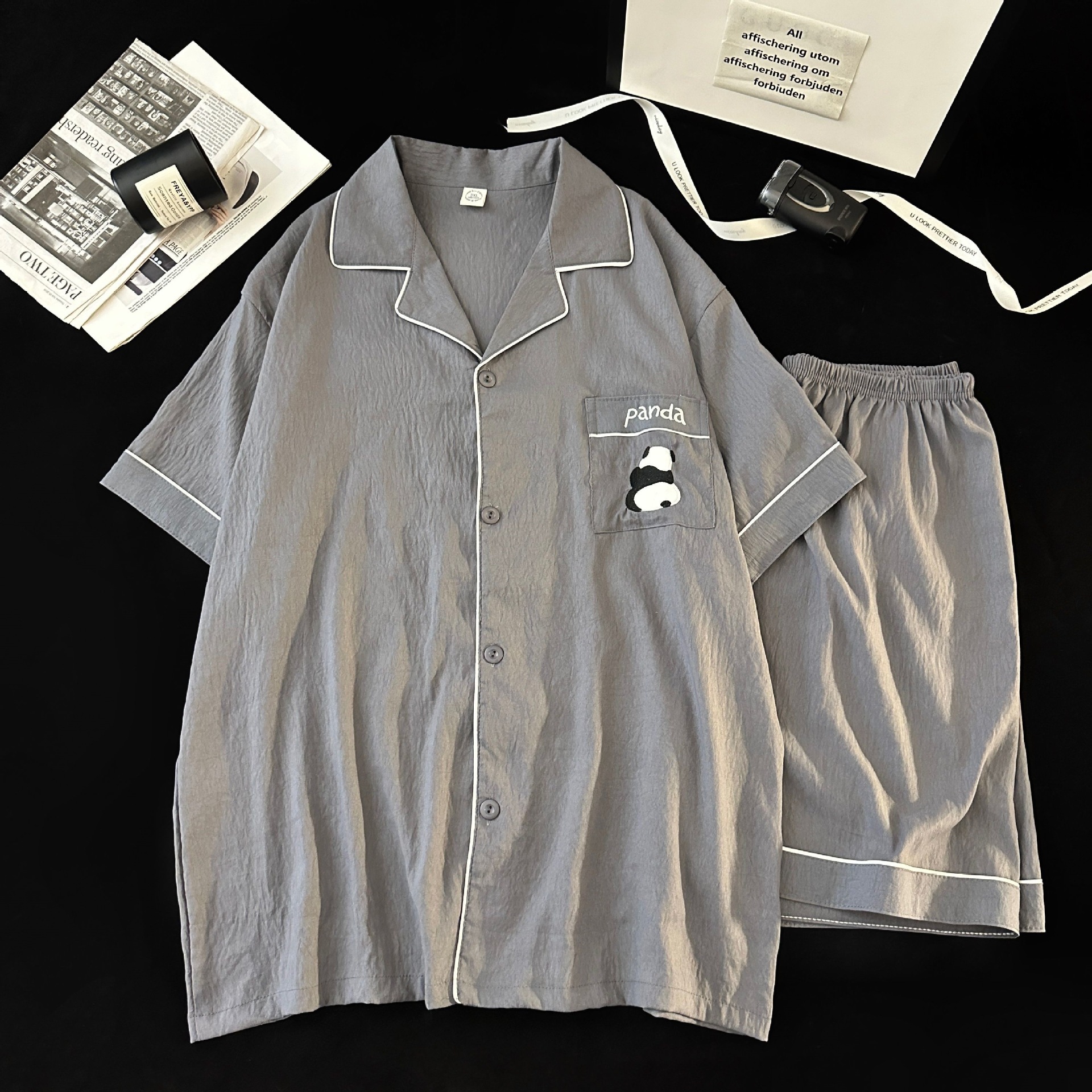 Red de celebridades Panda Yunduo pijamas de hilo de algodón puro verano para hombres pantalones cortos de manga corta traje cardigan ropa de hogar para hombres de gran tamaño