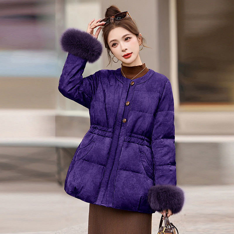 New Chinese Style down Jacket Mid-Length Women's Winter Small Waist Slimming High-Definition Jacquard Fox Fur Jacket