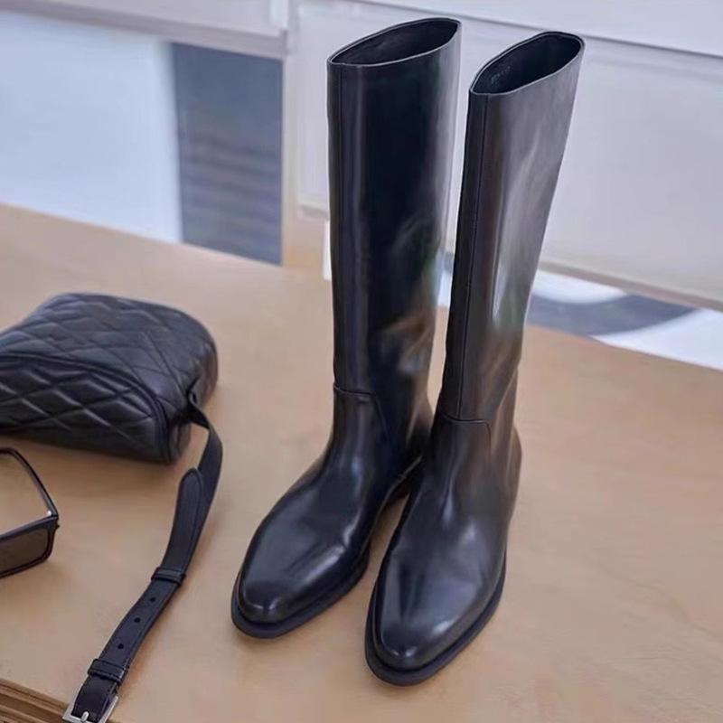 Cowhide Version of Normcore Black Over-The-Knee Boots for Women in Autumn and Winter New Genuine Leather Boots Pointed Toe Versatile Flat-Heeled Knight Boots