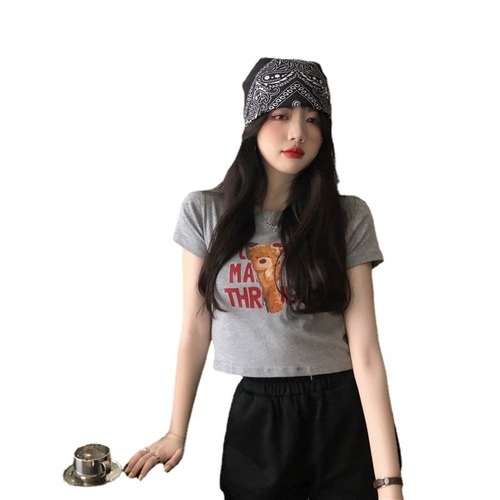  summer new style Korean letter bear print short-sleeved T-shirt women's slim short top foreign trade women's clothing