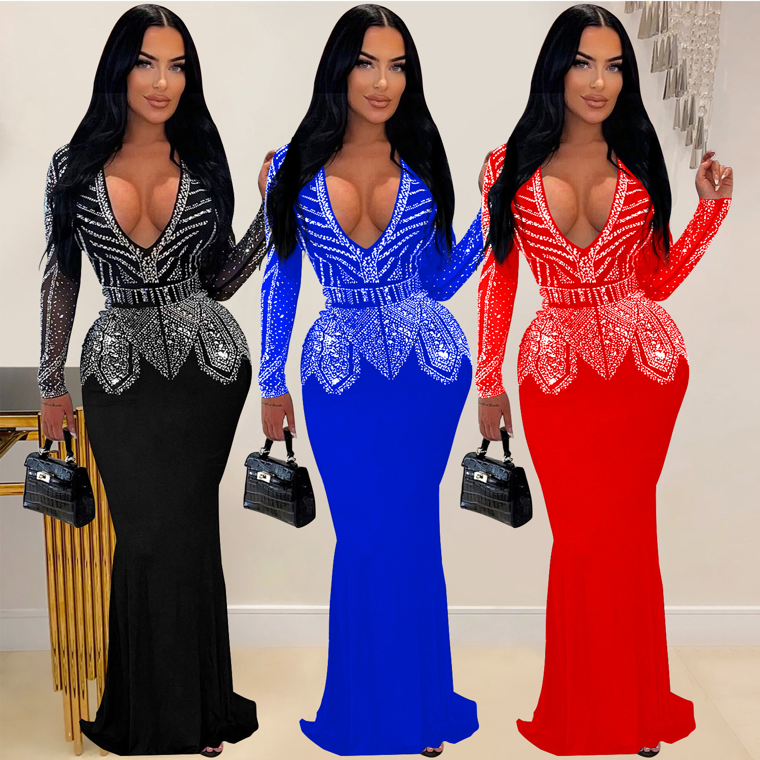 C7003 Aliexpress transfronterizo Amazon estación independiente de moda europea y americana nueva falda de diamante caliente vestido largo de cuello en V image 1