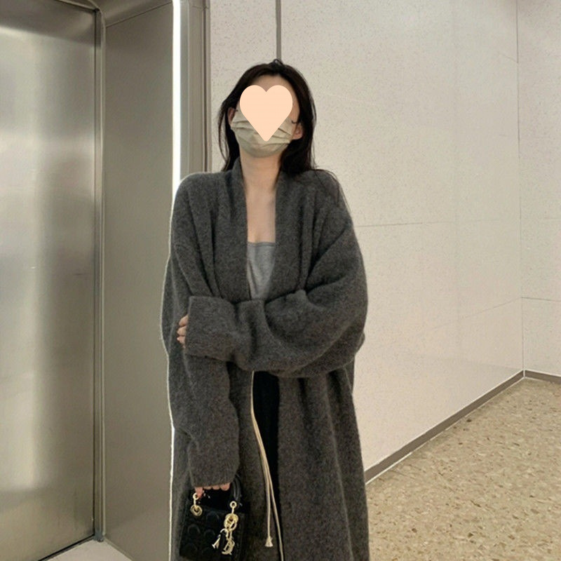 灰色中長款時尚毛衣外套女春秋2025新款慵懶加厚針織開衫大衣針織
