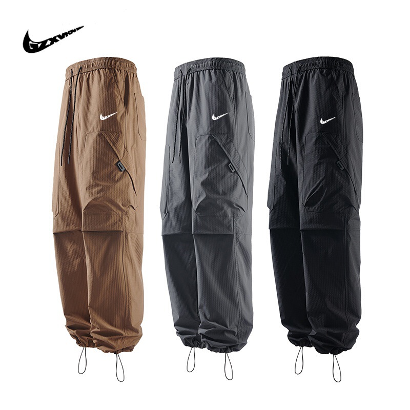 Mountain Outdoor Spring and Summer Thin Trendy Brand Loose Drawstring Multi-Pocket Ice Silk Quick-Dry Straight Casual Overalls for Men