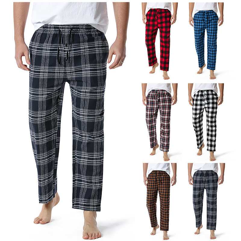 Men's Flannel Pajama Pants Casual Long Pants Cotton Plaid Straight Pants with Side Pockets Homewear_voghion.com