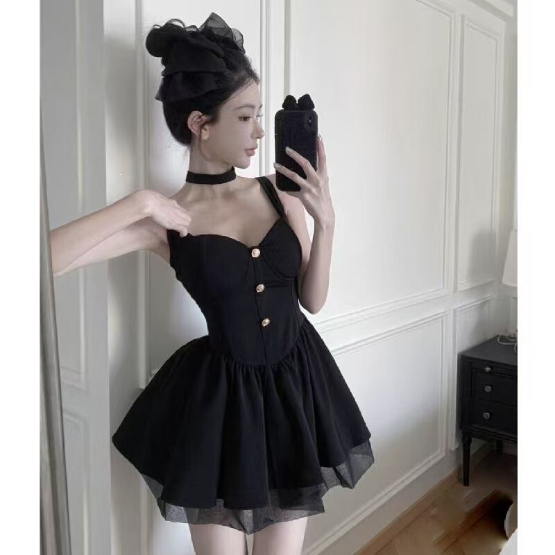 [with Chest Pads] Sexy Black Suspender Dress for Women, Summer Birthday Dress for Petite Women, Princess Puffy Short Skirt