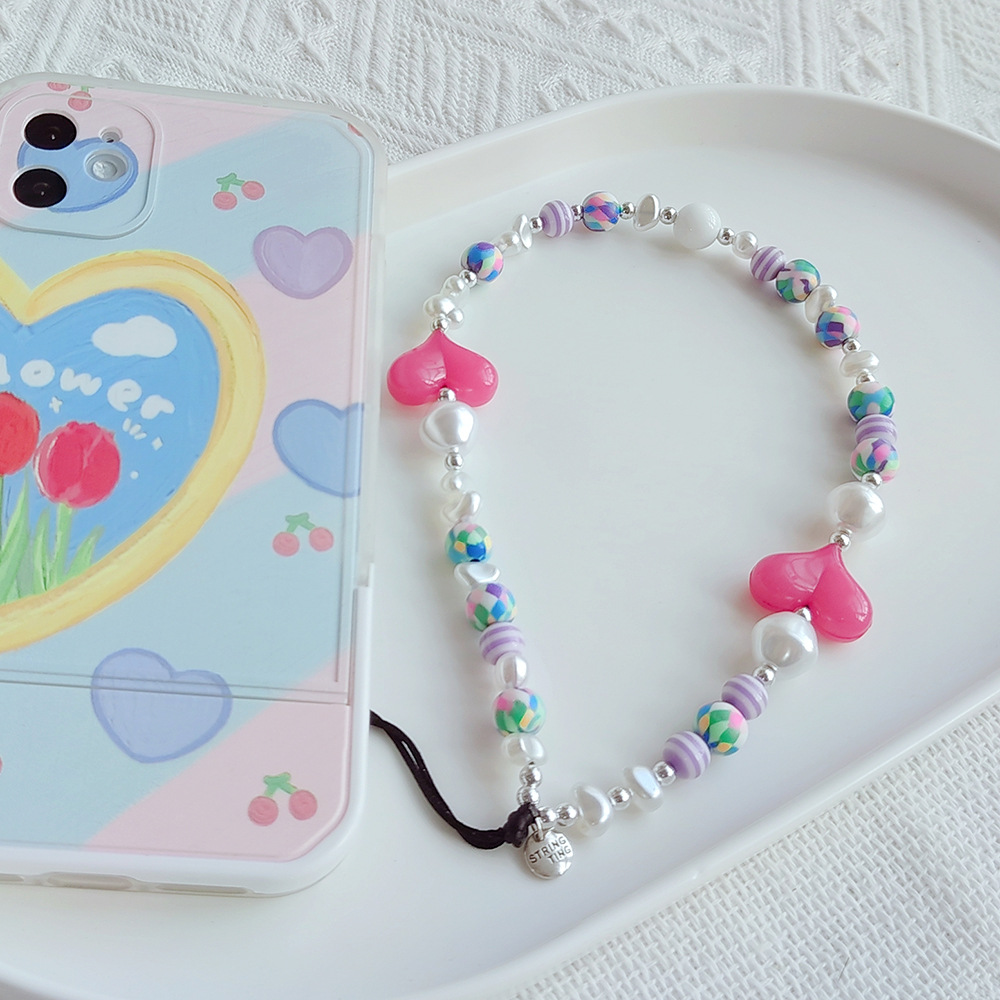 Stringting Pu Caiying Same Style Ins Style Special-shaped Imitation Pearl Love Handmade Beaded Anti-lost Mobile Phone Charm Women display picture 31