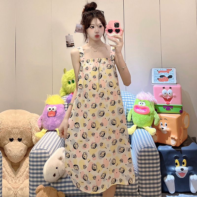 2025 nuevo pijama de hilo de algodón de nube para mujer camisón de tirantes de verano niña de dibujos animados dulce con cojín para el pecho servicio a domicilio