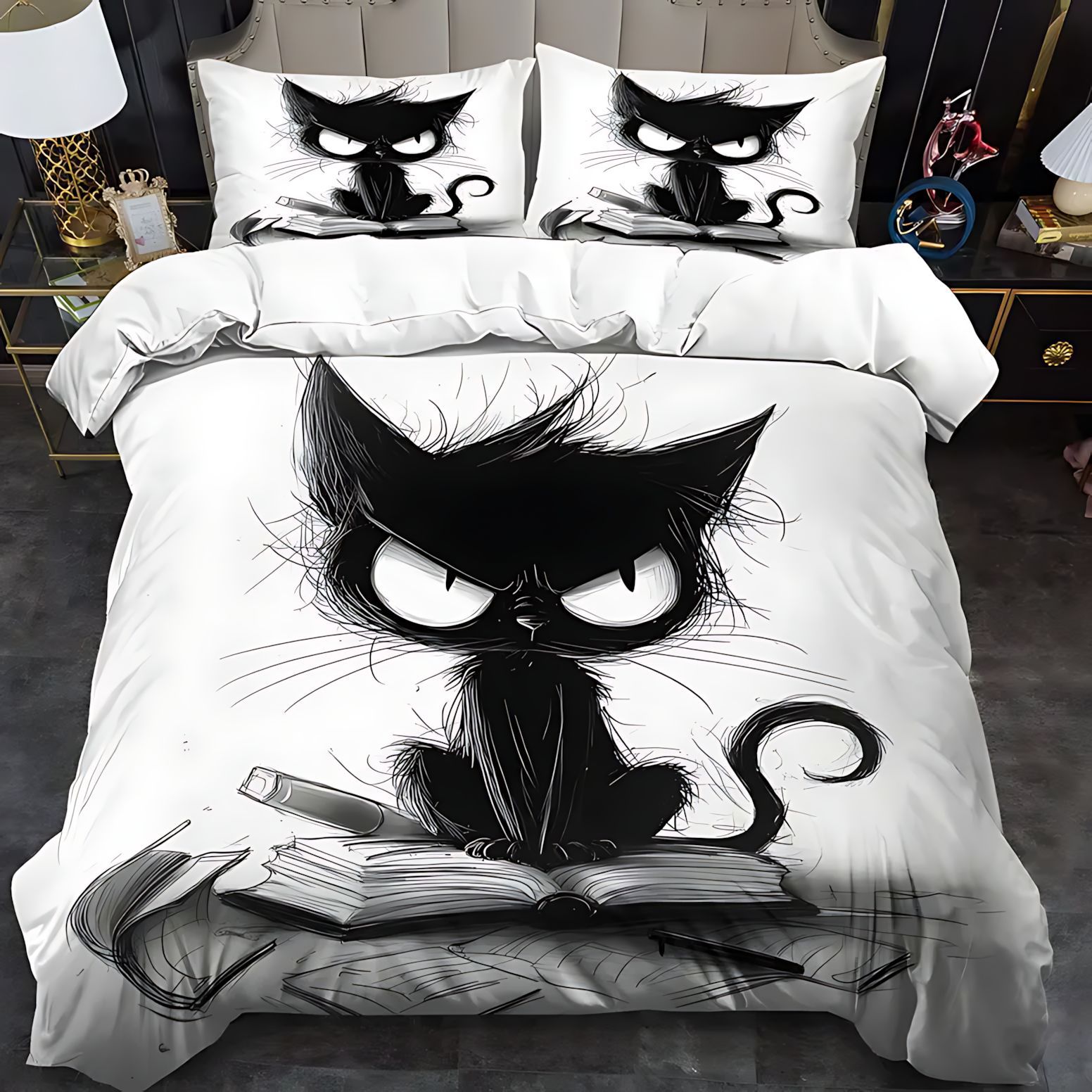 Amazon TEMU / JIT lindo patrón de gatito de dibujos animados 3D impresión digital colcha de colcha de cama set