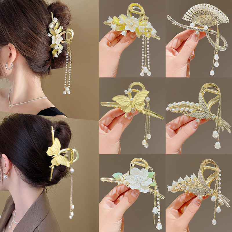 Hair Clip Women's New Antique Style Tassel Metal Flower Clip Large Back Head Hair Elegant Shark Clip Headwear