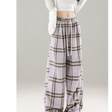 紫色毛呢格子休闲裤女2025春秋新款大码高腰加绒加厚直筒阔腿裤子