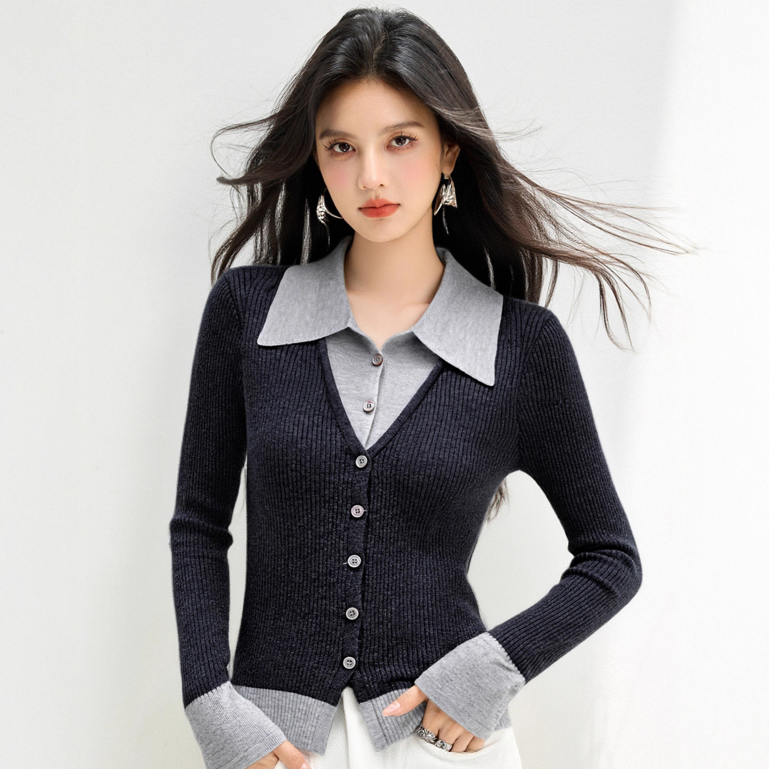 G6742假两件上衣女士长袖修身弹力通勤气质女装跨境日系秋冬新款