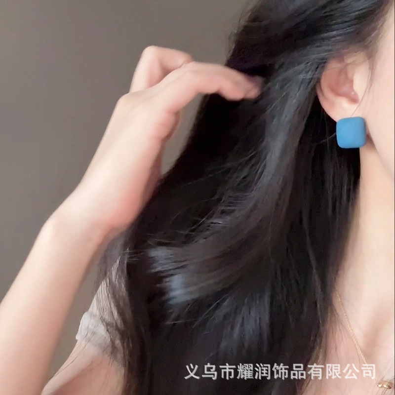 ブルーマットスクエア～シンプル幾何学模様スクエアイヤリング女性用レトロ香港風気質イヤリングジルコン|undefined