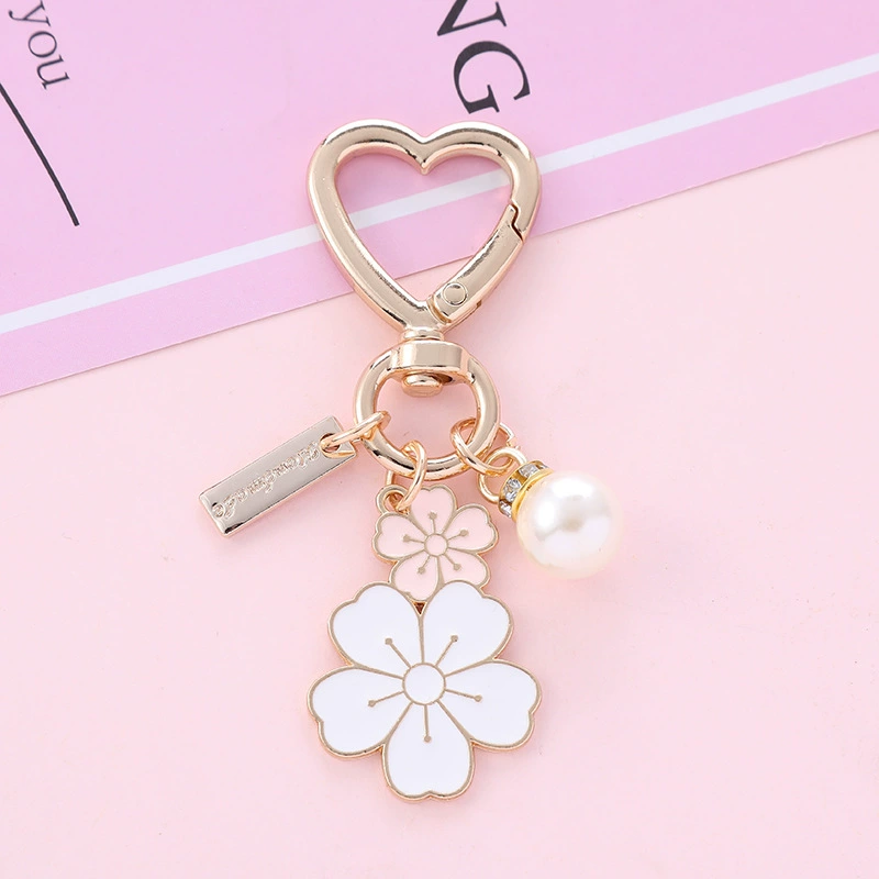 Two-Color Metal Keychain with Pearl Beads, Flower Pendant & Heart Clasp, Bag Charm
