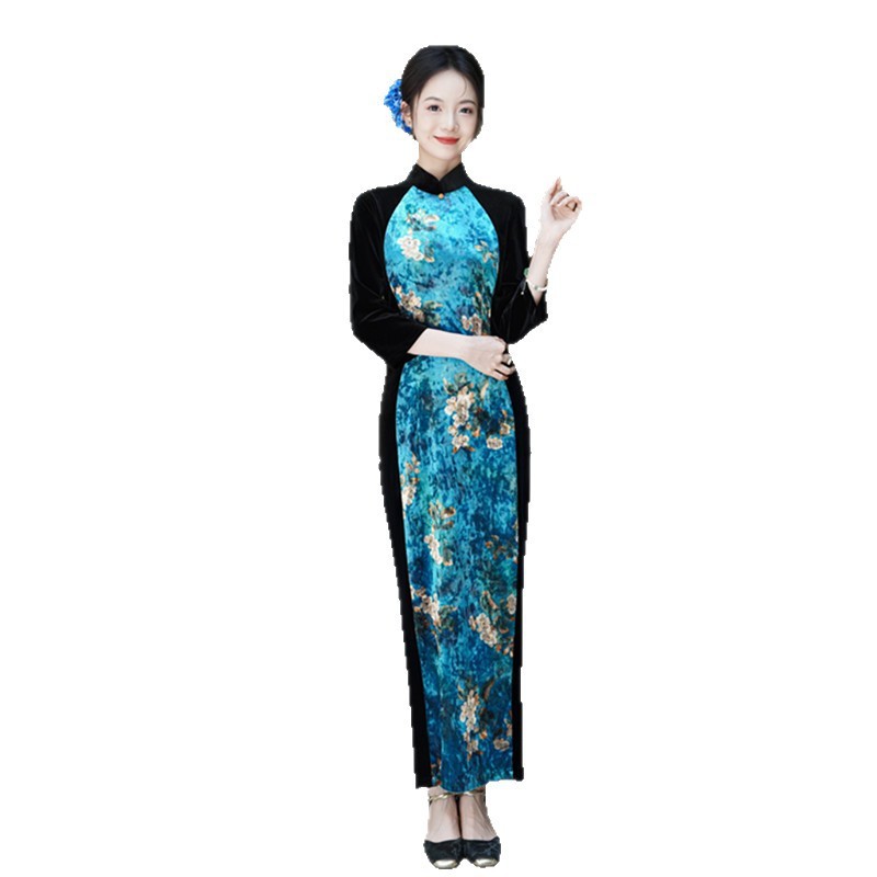 时尚拼接丝绒七分袖长款旗袍2025秋季新款复古国风年轻款日常旗袍|undefined
