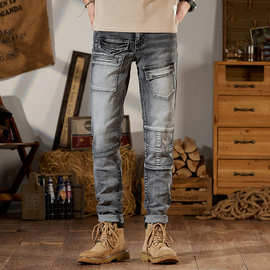 新款牛仔裤高端烟灰色机车风拼接男士修身小直筒弹力长裤潮牌男裤