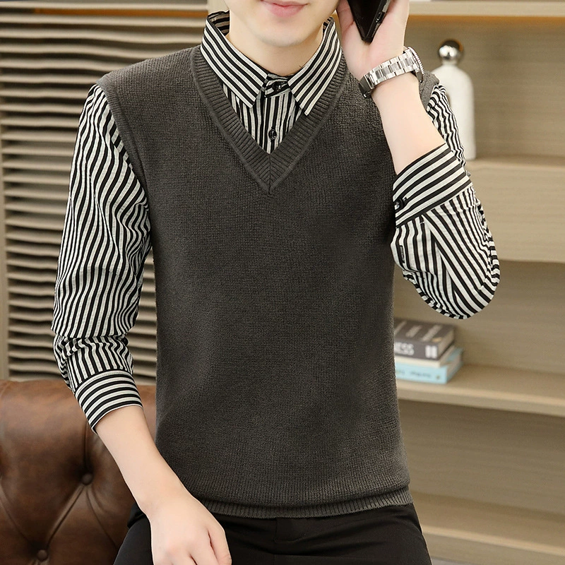 Данные поддельные два свитера с рубашкой и воротником осенние новые мужские поддельные два свитера