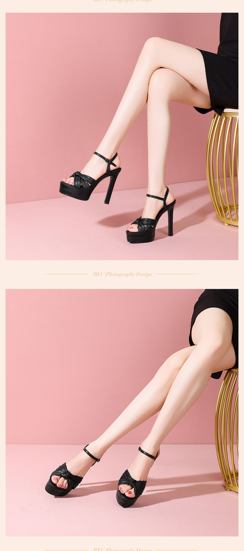 Sandal cao gót nữ hở mũi quai ngang da thật gót 13 cm — đen chi tiết 7
