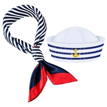 跨境蓝白条纹船长帽水手帽围巾套装圆顶男士女士儿童船长装扮派对
