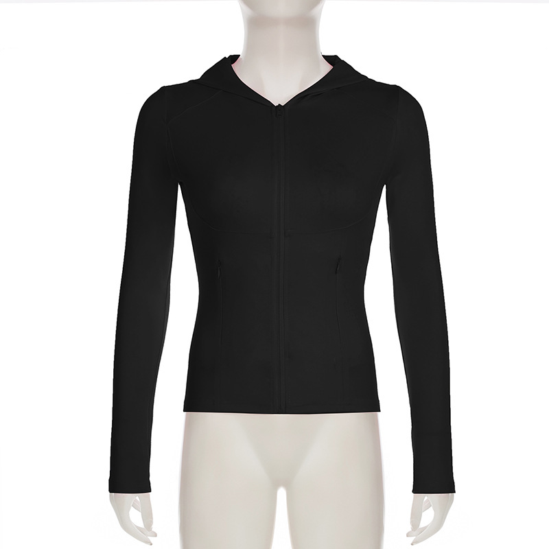 Solid Color Sports Fitness Running Top Yoga Slim Fit Fall Winter Outer Wear Hooded Zipper T shirt for Women