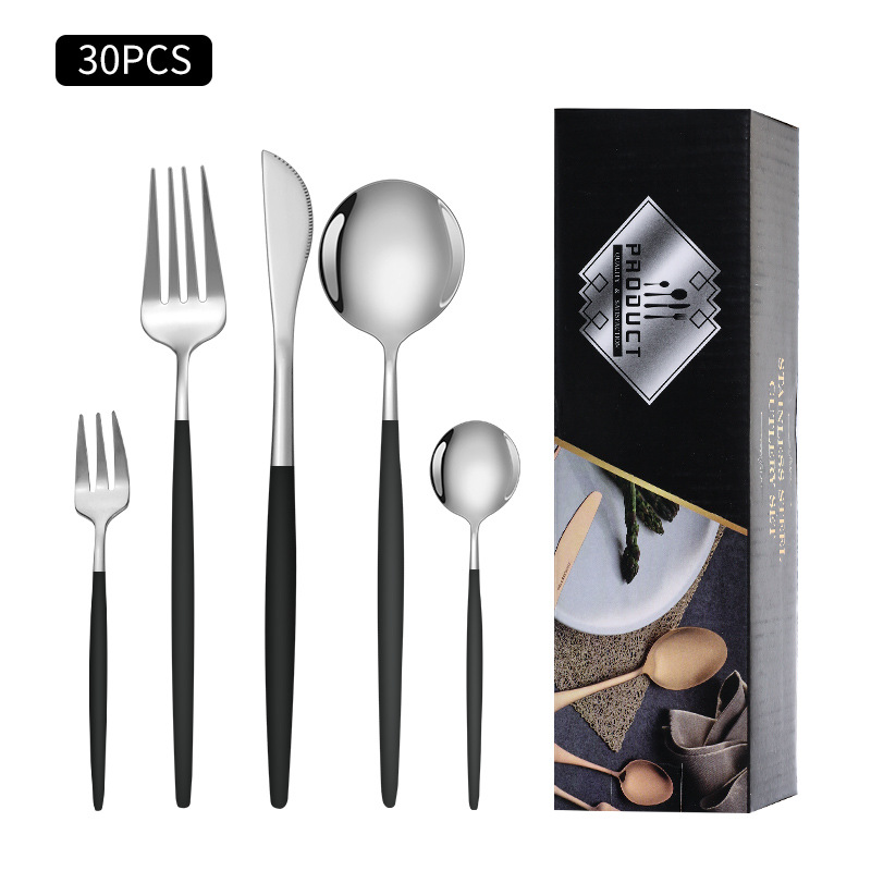 Cruz-Frontera de acero inoxidable vajilla portugués cuchillo y tenedor conjunto de 30 piezas de comida occidental cuchillo de filete de oro y cuchara de la caja de regalo