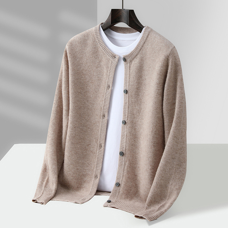 Autumn and Winter New 100% Pure Wool Cardigan Men's Round Neck Thickeneded Knitted Sweater Casual Loose Cashmere Sweater Jacket