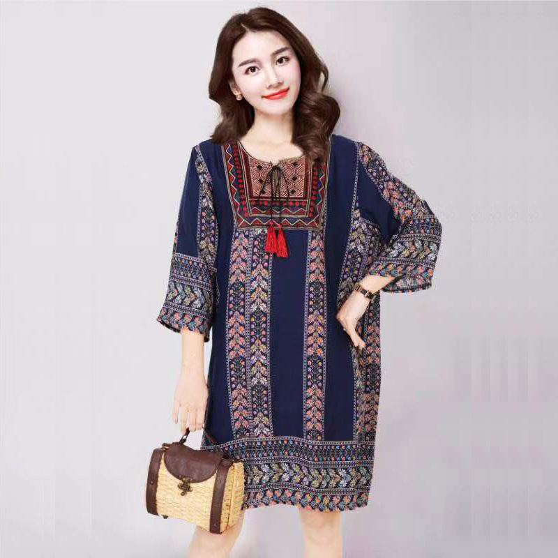 タイ風Aラインコットンワンピース、夏向け、クロスボーダーコットンシルクワンピース、アーティスティックレトロエスニック風婦人服