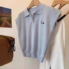 韩系Polo襟刺繍ニット半袖tシャツレディース夏高级感小柄キッズ正肩トップスレディース