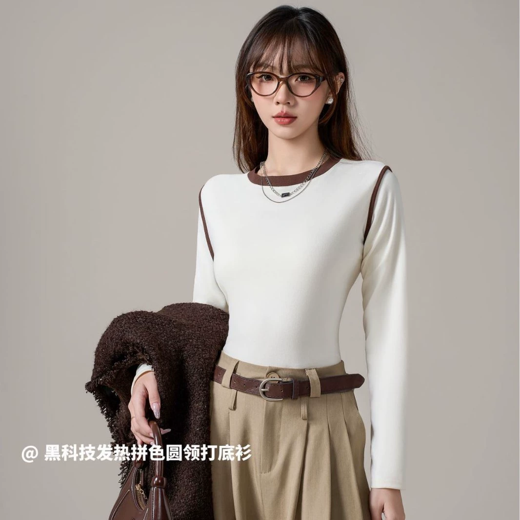 Женская футболка с длинными рукавами в стиле ретро с цветными блоками в американском стиле, дизайн с эффектом обработки на весну и осень, нишевый топ с базовым слоем.