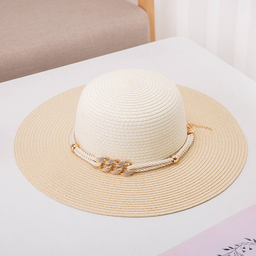 French Retro Gemstone Chain Flat Top Straw Hat Elegant Straw Weave Sunshade Sun Protection Wide Brim Hat Elegant Formal Hat for Women Spring Autumn
