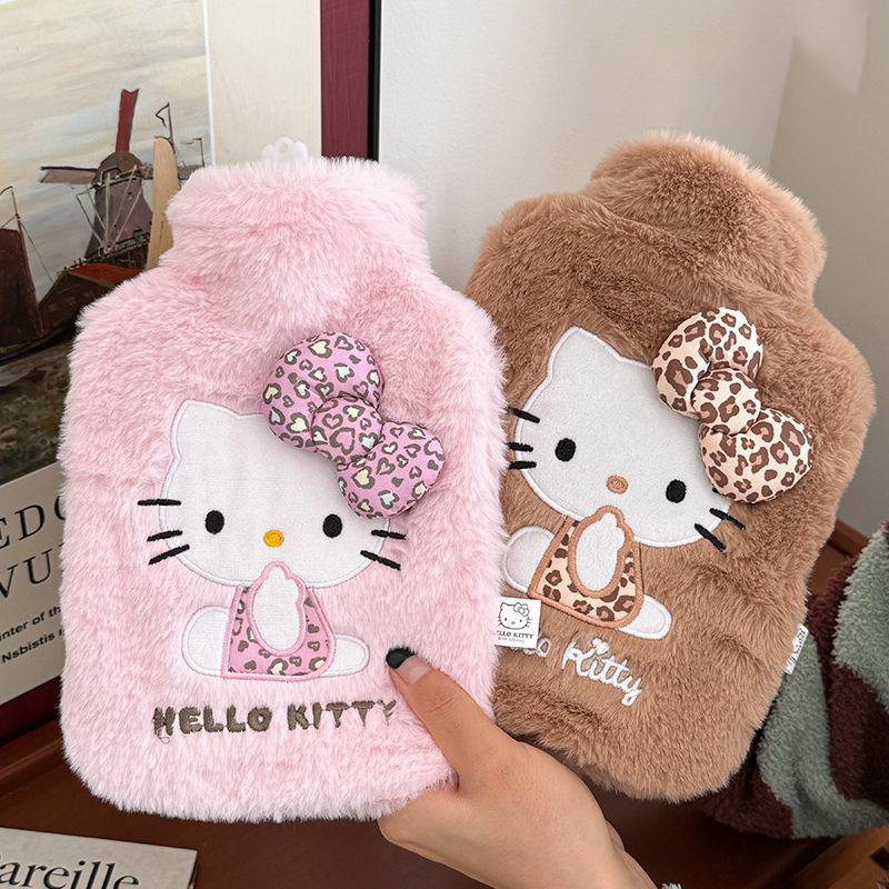 可爱豹纹Hello Kitty毛绒注水热水袋ins加厚内胆暖手宝暖宝宝批发