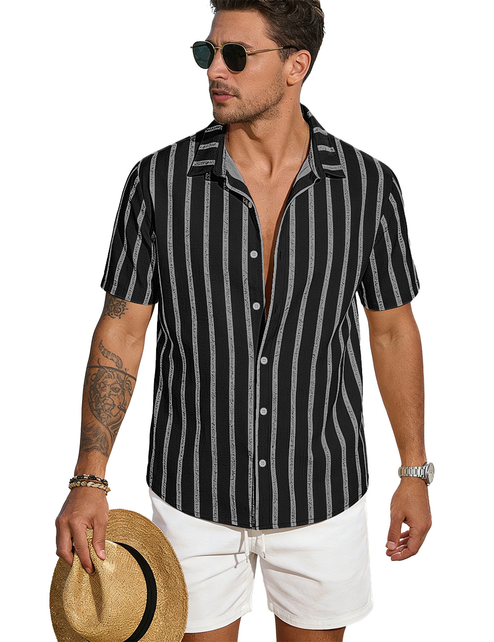 Amazon verano nuevo hombre con la solapa a rayas cardigan de manga corta americano gran camisa casual de comercio exterior camiseta hombre