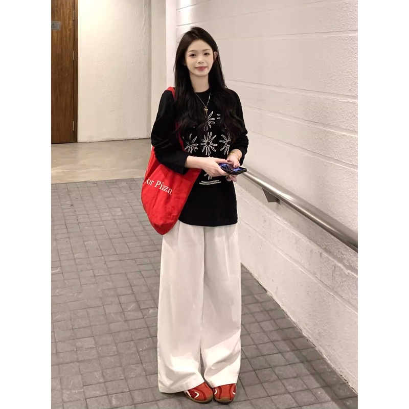 韩系纯棉T恤女复古太阳花印花打底上衣春秋季大码慵懒感打底长袖|undefined