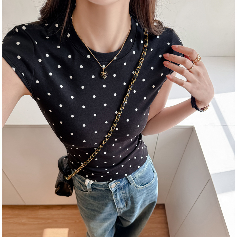Korean Style Pure Cotton Design Polka Dot Small Round Neck Shoulder Short-Sleeved T-Shirt Women's Slim-Fit Inner Base Shirt Top Women's Clothing