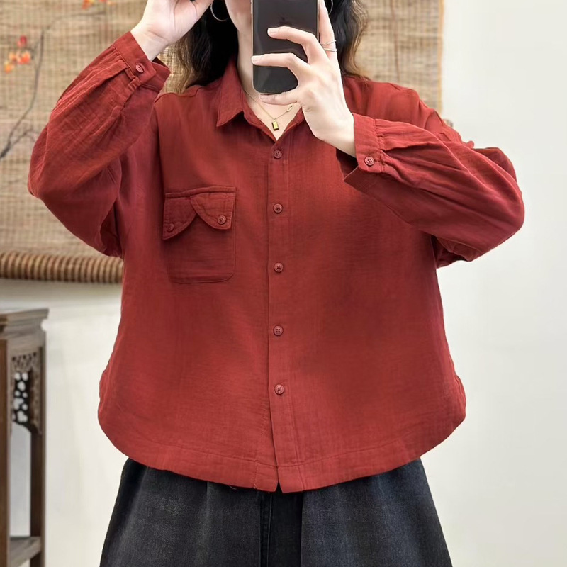 日韩双层棉纱纯色衬衫宽松文艺翻领衬衣开衫休闲百搭上衣女装|undefined