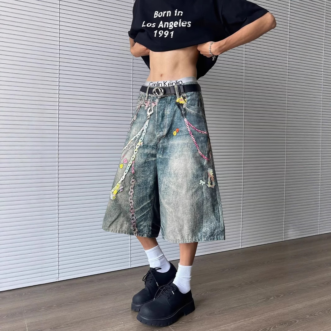 American Retro High Street Hiphop Hip Hop Chain Printed Denim Pants Men's 2025 Summer Punk Heavy Industry Cropped Pants