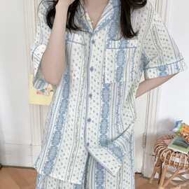 韩国ins女士夏季新款韩系碎花简约舒适宽松睡衣套装休闲家居服女