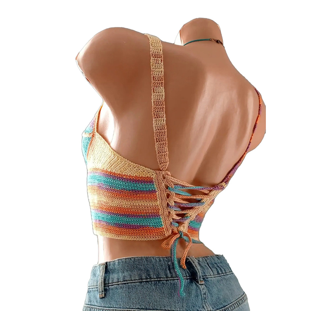 欧美新款海边温泉度假性感吊带沙滩上衣女夏季露背手工钩编裹胸