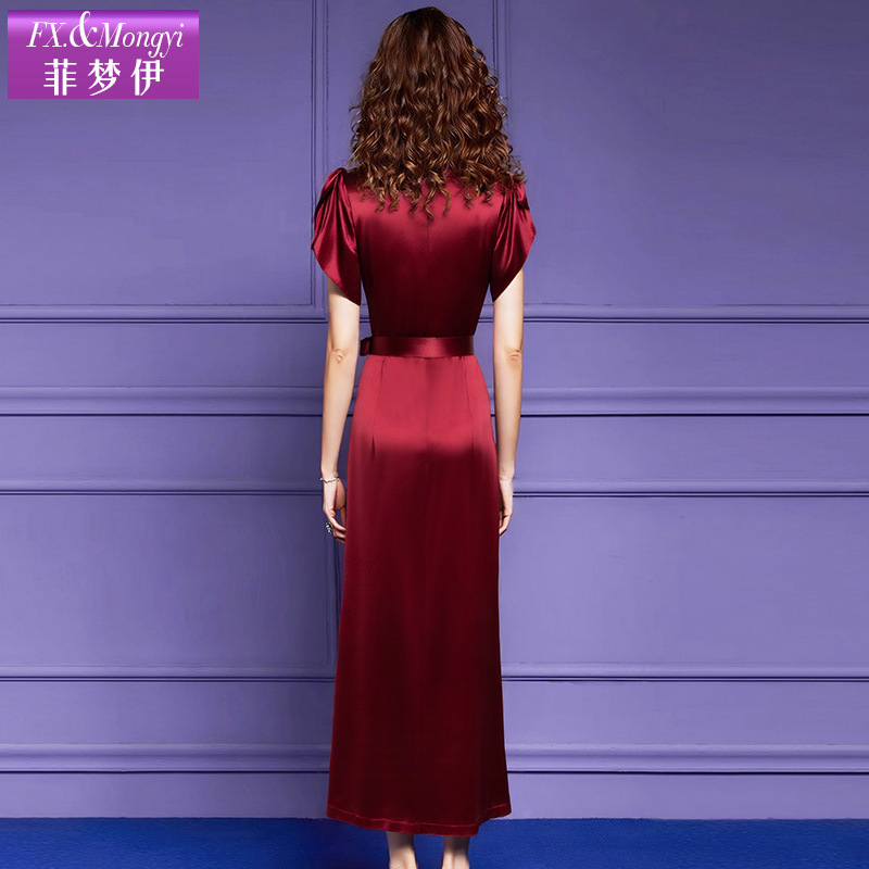 Feimengyi 赤いドレスの女性の半袖サマードレス新しいファッションウエスト気質フリルビーズヒップスカート|undefined