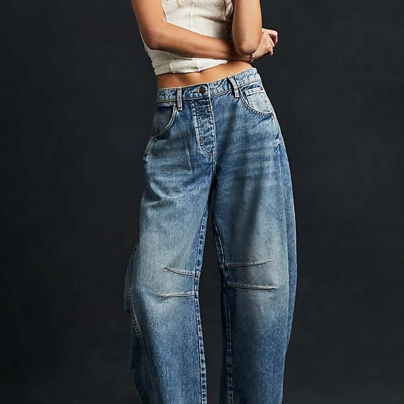 Independent Station Cross-Border European and American Hot-Selling Wide-Leg Loose Mid-Low Waist Jeans Women's Washed Denim Dark Blue Cotton