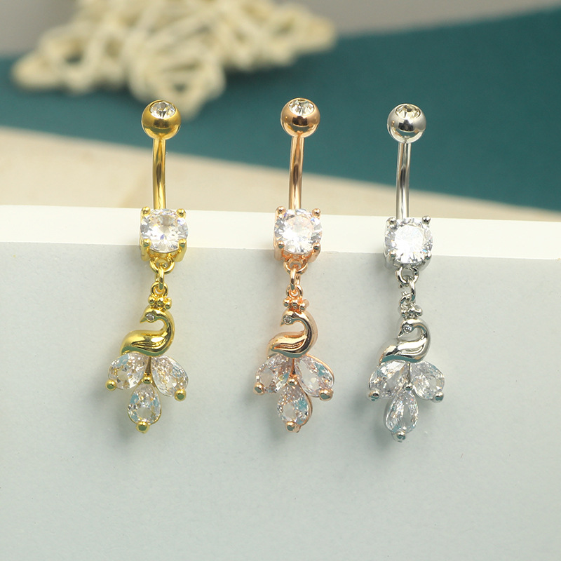 Stainless Steel Swan Feather Zircon Navel Ring - Rose Gold Heart Belly Button Piercing Jewelry for Women detail image 8