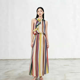 唐嫣同款彩色条纹无袖连衣裙夏高级感气质收腰显瘦大摆长裙2026新