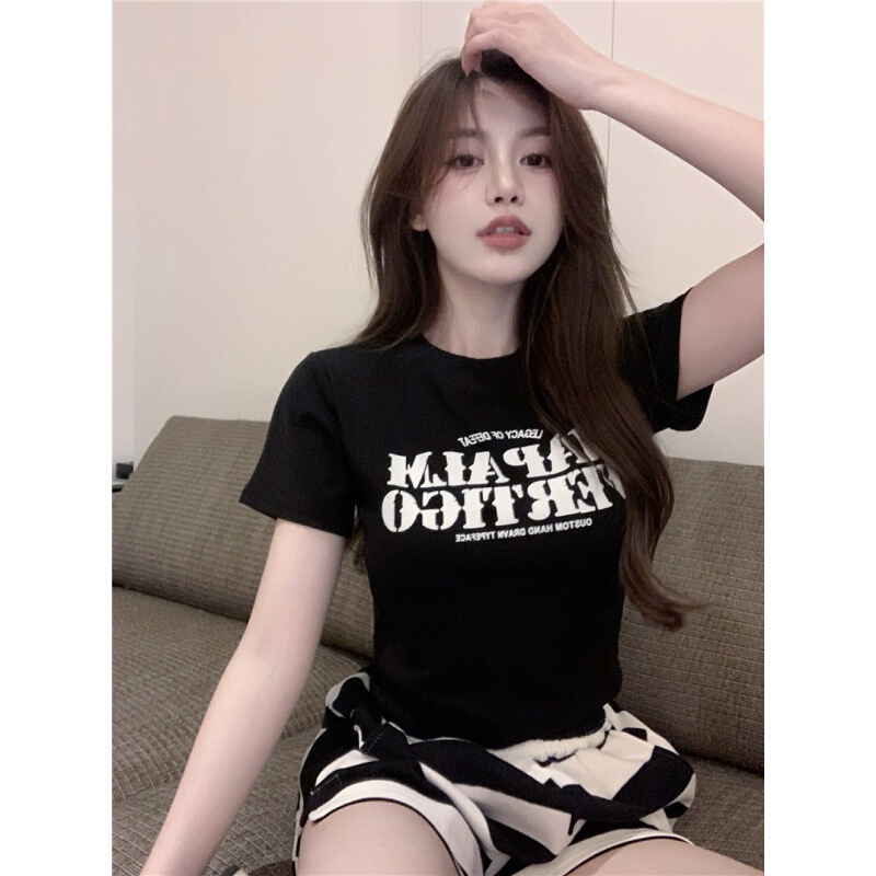Foreign Trade American-Style High Street Retro Short-Sleeve T-Shirt for Women, New Summer Short Crop Top with Exposed Navel, Sexy and Cleverly Designed Waist-Cinching Top